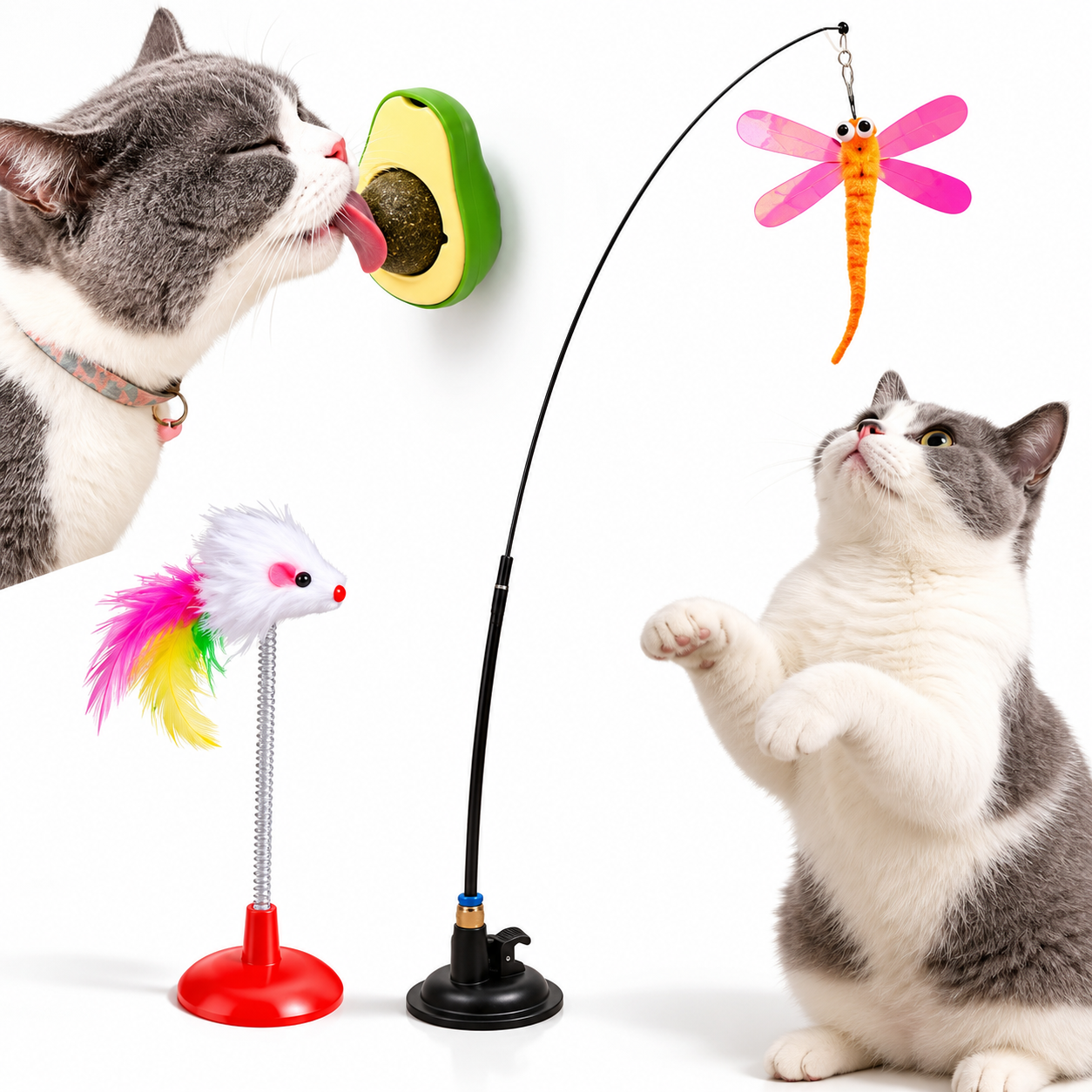 Kit 3 Brinquedos Interativos para Gatos Varinha com Ventosa e Catnip